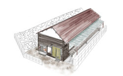 後ろに石垣を控えた平屋の水彩風イラスト