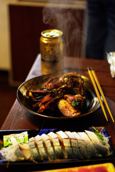 いかの肝焼きとかつおの刺身