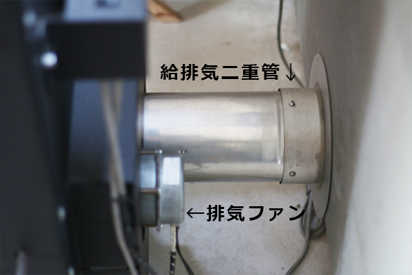 料理君の本体裏に給排気二重管と排気ファンがある様子